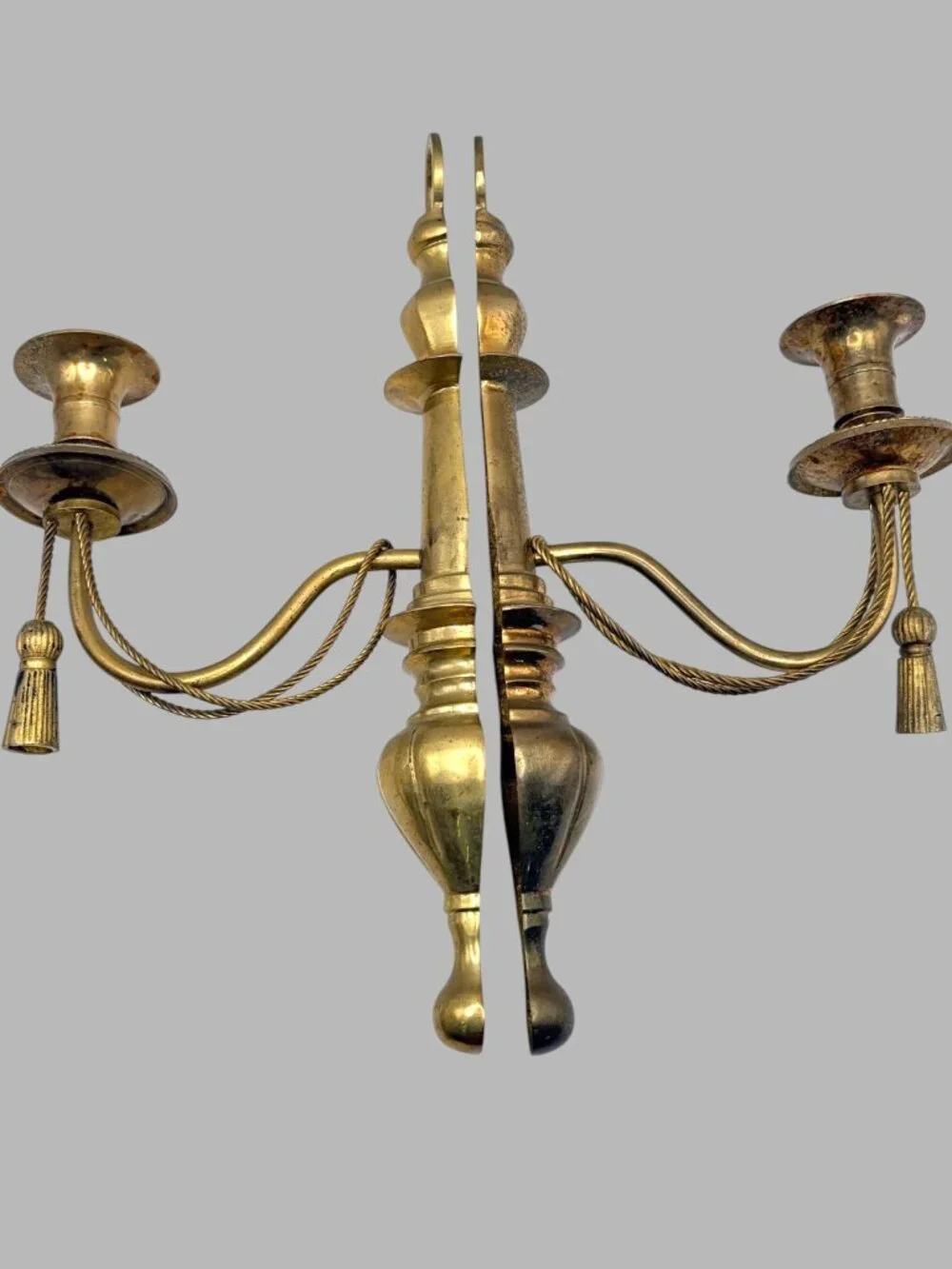 Vintage Brass Wall Sconce Candle Holder Pair Tassel Hollywood Regency